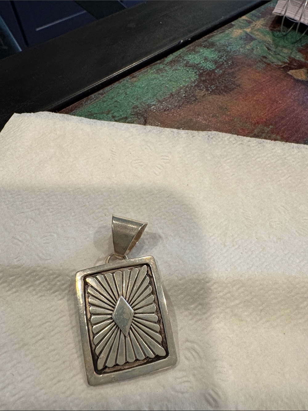Sunburst Rectangular Sterling Pendant Necklace - Silver